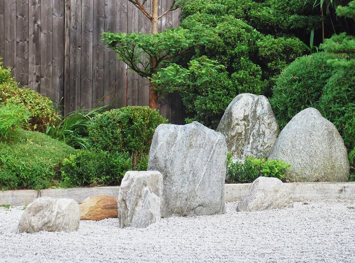 Zdjęcie przedstawia ogród zupiększeniem kamieniowym
